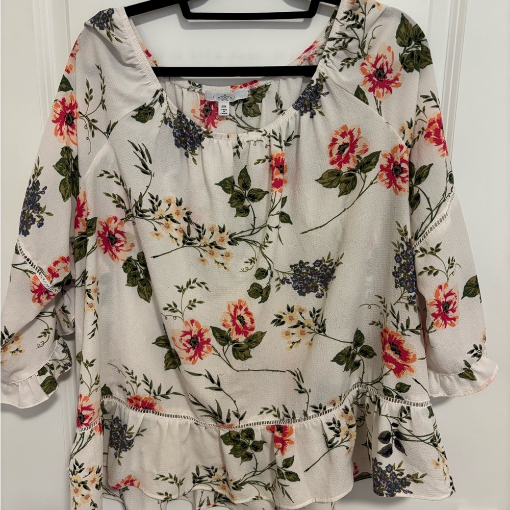 Floral Ruffle Blouse - White and Pink